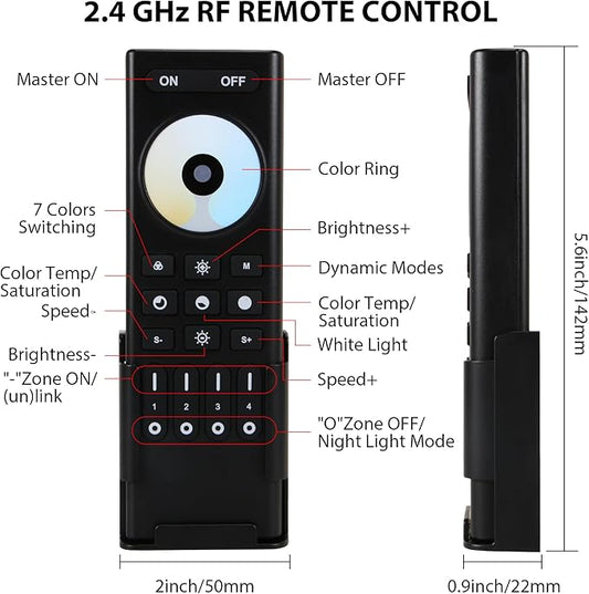 XXK RC02RFB RF Remoter, 4-Zone 2.4G Handheld RF Remote Control Compatible with CCT LED Controller, 99ft Wireless Control 4 Channel Group Control for Home CCT LED Strip Lights