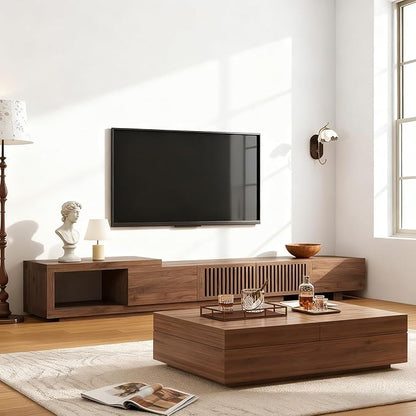gaoyangjiaju Mid-Century Modern Expandable Coffee Table & TV Stand Set, Walnut Finish – Elegant Storage Combo for Living Room, Bedroom, or Lounge (78.54“ to 103" TV Stand+Coffee Table)