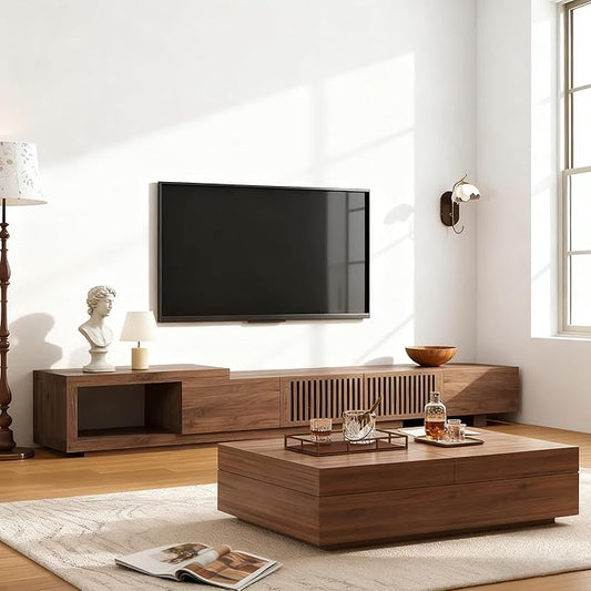 gaoyangjiaju Mid-Century Modern Expandable Coffee Table & TV Stand Set, Walnut Finish – Elegant Storage Combo for Living Room, Bedroom, or Lounge (78.54“ to 103" TV Stand+Coffee Table)