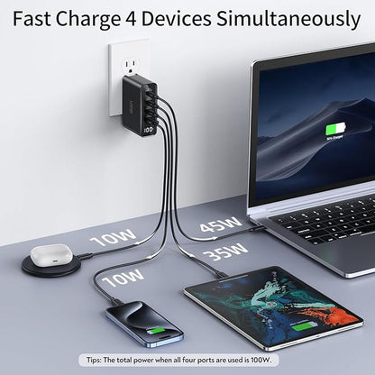 100W USB C Travel Charger, 4-Ports Foldable Travel Adapter Plug Converter with UK/EU/AU Plugs, Fast Charging for MacBook Pro/Air, iPad Pro, iPhone 15/14 Pro Max, for 45w Samsung Galaxy, Black