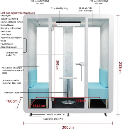 GEARONIC Mobile Office Pod Booth, Sound Proof Office Pod Booth with Mobile Roller, Larger Space for 2-4 People, LED Lighting System,Fans and AC USB Ports（White-Grey）