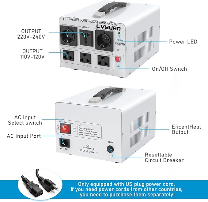 LVYUAN Heavy Duty 5000W Watt Voltage Transformer Converter Step Up/Down Converter 110/120 Volt - 220/240 Volt with 3 US,2 European,1 Universal Outlets and CE Certified,Circuit Break Protection