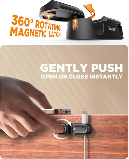 Magnetic Cable Clips - Chfeila 8Pack [Dual Slot] [360°Rotating & Twist-Lock] Cord Management, Adhesive Phone Charging Keeper, Wire Organizer Holder for Nightstand, Home Office Desk Accessories Decor