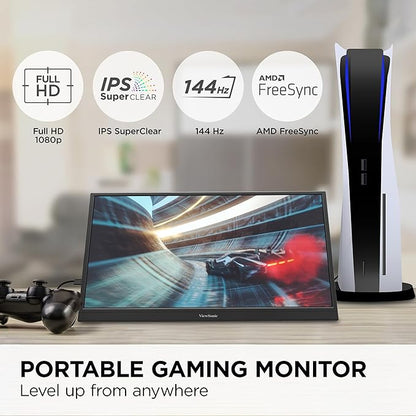 ViewSonic VX1754 17 Inch 1080p IPS Portable Gaming Monitor with 144Hz, AMD FreeSync, 2 Way Powered 60W USB C, Mini HDMI, and Built-in Stand with Protective Cover