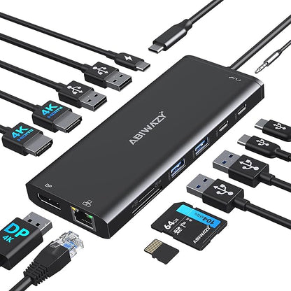 USB C Docking Station 3 Monitors USBC Hub Laptop Dual Monitor Multiport Adapter Dock Dongle,USBC to 2 HDMI,4K DisplayPort,PD Charging,Ethernet,7 USB-C/A Ports,SD/TF,Audio for Dell/HP/Lenovo(Black)