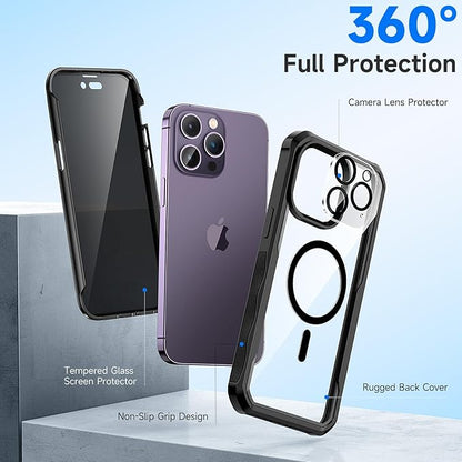 seacosmo for iPhone 14 Pro Max Case, Full Body Bumper with Built-in 9H Tempered Glass Privacy Screen Protector and Camera Lens Protector, Compatible with MagSafe, Shockproof Phone Cover, 6.7", Black