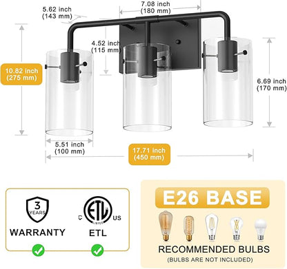L LOHAS LED 3-Light Bathroom Light Fixtures, 17.71" Black Bathroom Vanity Light with Straight Glass Shades, Modern Vanity Lights for Bathroom Light Fixtures Over Mirror Living Room Hallway, E26, ETL