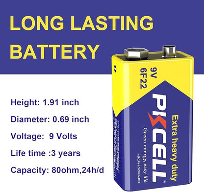 PKCELL 9V Batteries, 2 Pack 9 Volt Batteries Carbon Zinc, 9V Battery for Smoke Detector, Alarms, 6F22 Square Battery