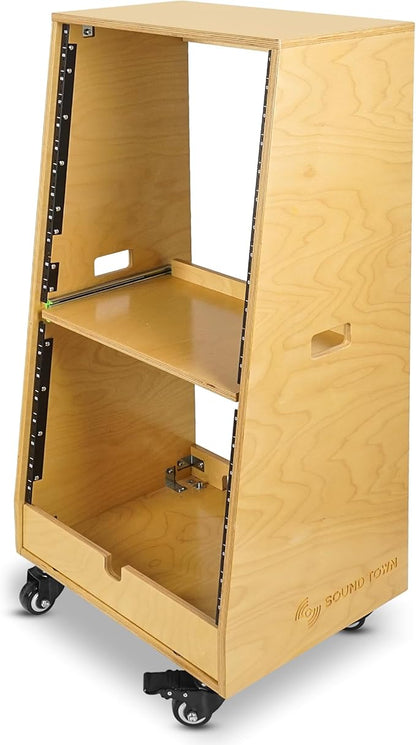 Sound Town DIY Slanted 20U Studio Rack (12U Top + 8U Lower), with 2U Bottom Storage, Slide-Out Tray, Caster, Plywood, Golden Oak For Recording Room, Home Studio (SDRK-ST20T)