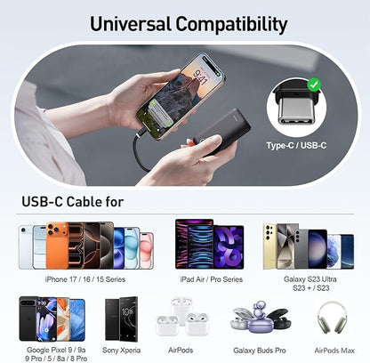 iWALK Mini Portable Charger 10,000mAh, 22.5W USB-C Fast Charging Power Bank with Built-in Cable, Travel Essential Ultra-Small Battery Pack Compatible for iPhone 17/16/16 Pro/15, Samsung, Google, Black