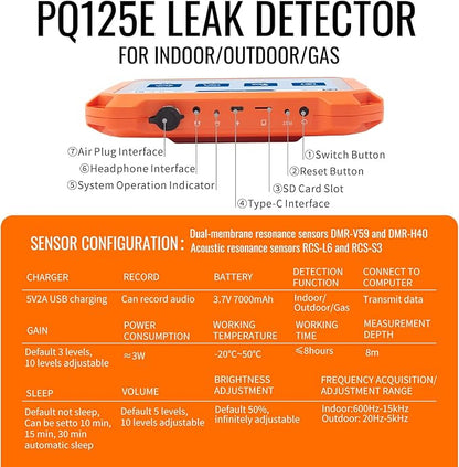 PQWT Underground Water Leak Detectors PQ125E All Scenario and Gas Wall Pipe Water Leakage Detection with Touchscreen Earphone and Carrying Case Multi Sensor Acoustic Pipeline Sound Intensifier