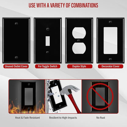 ENERLITES Decorator Switch Metal Wall Plate, Outlet Cover, Corrosion Resistant, Standard Size 1-Gang 4.50" x 2.76", Powder Coated Stamped Steel, 7731-BG, Black Gloss