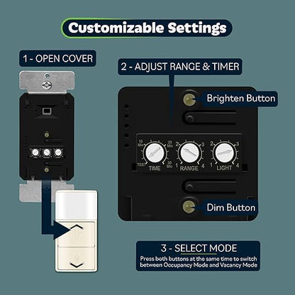 TOPGREENER Motion Sensor Light Switch Dimmer, Electronic Dimmer with PIR Motion Sensor, Occupancy & Vacancy Modes, 150W LED/CFL, Single-Pole, UL Listed, TDODS5-120-LA, Light Almond