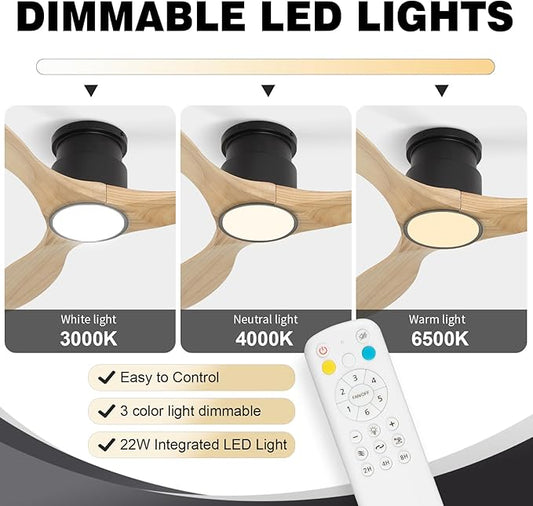 revoici Ceiling Fans with Lights Remote 52inch Solid Amber Color Wood Fan Timing 6 Speeds Silent Reversible DC Motor 3CCT LED Light with Memory Lighting Function Indoor Outdoor Fan Farmhouse Bedroom