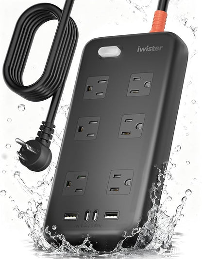 Iwister Outdoor Power Strip Weatherproof IPX6,6 Ft Extension Cord,4 USB Ports & 6 Wide Outlets for Multiple Devices,Wall Mountable for Yard,Workshop,Poolside,RV Camping,Black