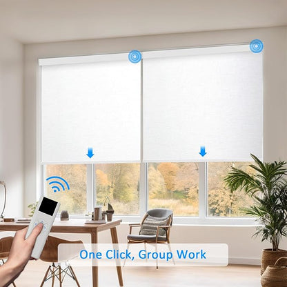 COOLWINDS Motorized Blinds with Remote Cordless Automatic Motorized Shades Custom Blinds for Windows Smart Curtains Compatible with Alexa Google Home(Blackout Jacquard White,W26 x H72in)