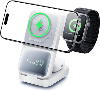 GUSGU MagTime 3 in 1 Wireless Charging Station with Real-Time Power and Time Display, Foldable Wireless Charger Stand, Compatible with iPhone 16/15/14/13/12, iWatch S1-10/Ultra, AirPods-White