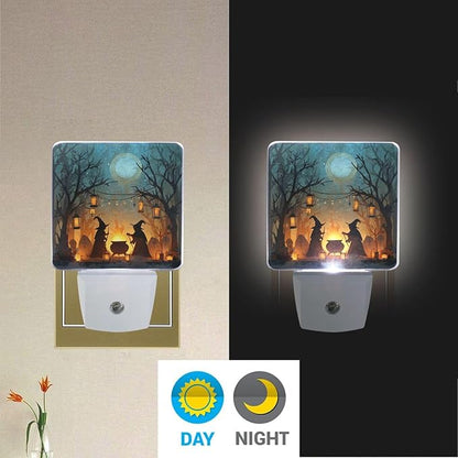 Pigsaly Led Night Light Halloween Witches Cauldron Tombstones Bare Trees Night Light Plug in Wall Lamp Smart Dusk to Dawn Sensor Nightlight Led Lamp Energy Saving Lights Gift for Kids Room Bedroom Ba