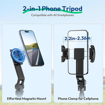ULANZI TT88 Magnetic Tripod for iPhone 17, 57" Extendable Selfie Stick w Remote, 2-in-1 Phone Clip & Dual Cold Shoe Mounts-Lightweight Phone Tripod Stand for Vlogging, Travel, Video Recording, Black