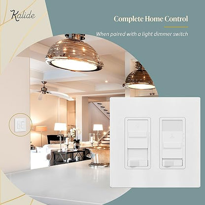TOPGREENER Kalide Combo Light Switch with 3-Speed Fan Control, Light and Fan Combination Switch, Single Pole, 2.5A, 720W, Neutral Wire Not Required,Wall Plate Included, TGSFS3-W, White, 2 Pack
