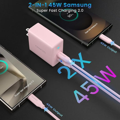 2Port 45W Super Fast Charger Type C, 2Pack 45W USB-C Charger Fast Charging for Samsung Galaxy S24 Ultra/S24+/S24/S23 Ultra/S23+/S22/S20/Note10+ with 2X 10ft Type C Cord (Pink)