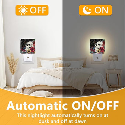 GANTINIR Halloween Skull Night Light, Plug-into Skeleton Flower Floral Nightlight White LED Lamp, Energy Efficient Decor Desk Lamp for Bedroom Hallway Stairs Bathroom