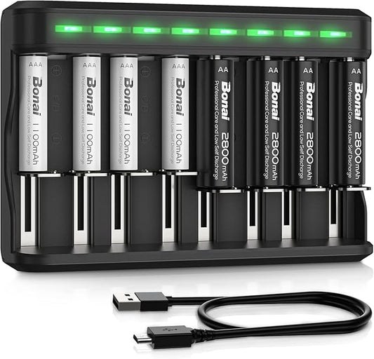 BONAI AA AAA Rechargeable Batteries Charger Set, 4 Pack 2800mAh AA and 4 Pack 1100mAh AAA NiMH Batteries with Smart Universal Battery Charger