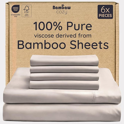 Bambaw 100% Viscose Derived from Bamboo Sheets King Size Set – 6pcs Deep Pocket King Sheets Cooling, Fits Up to 16'' with Elastic Corner Straps, Super Soft Bedding Set (Sand)