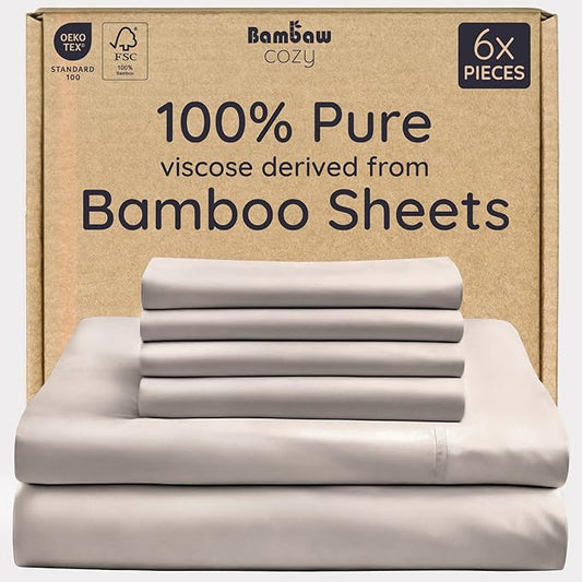 Bambaw 100% Viscose Derived from Bamboo Sheets King Size Set – 6pcs Deep Pocket King Sheets Cooling, Fits Up to 16'' with Elastic Corner Straps, Super Soft Bedding Set (Sand)