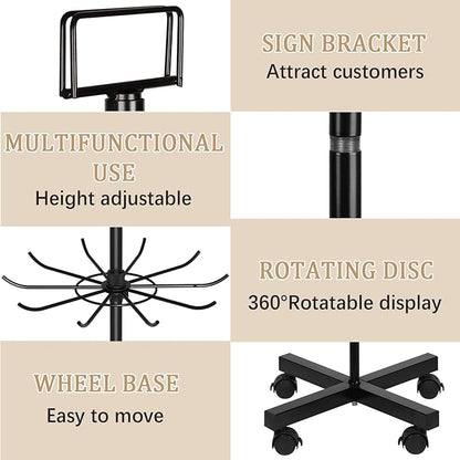 Exttlliy Retail Display Stand Store Display Rack 6 Tier Metal Spinning Display Stand Rack with Wheels Keychain Jewelry Stocking Hat Stand with Hooks for Malls, Showroom, Retail Store (6 Tier Black)