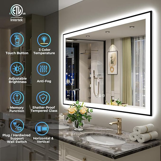 YEELAIT 40x32 Inch LED Bathroom Mirror with Lights (Front Lit and Backlit) Black Framed Lighted Vanity Mirror for Bathroom Wall Dimmable Anti-Fog Memory Tempered Glass Horizontal/Vertical