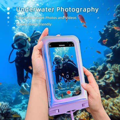 Floatable Waterproof Phone Pouch Case for iPhone 16 Pro Max/15/14/13/12, IP68 Travel Cellphone Dry Bag Beach Cruise Ship Essentials Bags with Crossbody Lanyard, Iridescent Purple-7″2 Pax
