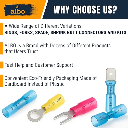 ALBO 350PCS Heat Shrink Fork Spade Connectors Kit #10 – 22-10 AWG Tinned Copper Terminals, Waterproof Wire Terminal Connector Assortment for Automotive, Marine, Speaker & Electrical Wiring