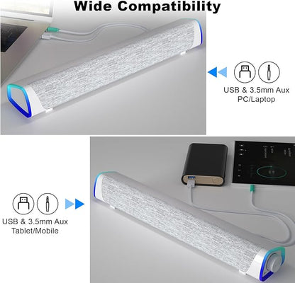SOULION R30 Computer Speakers, USB Powered 3.5mm AUX Small PC Speaker, Colorful LED Lights with Switch Button, Surround Sound Bar Speaker for Desktop Laptop White