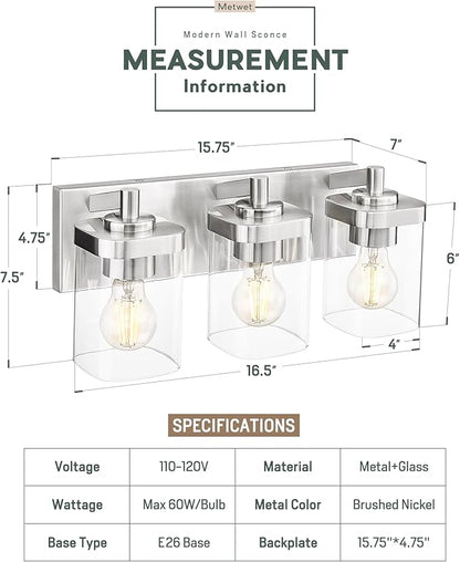METWET Bathroom Light Fixtures, 3-Light Vanity Light with Square Clear Glass Shade, Brushed Nickel Modern Wall Sconces, Vanity Lighting Fixtures Over Mirror, VL194-BN-3