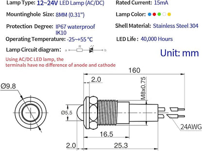 ZGSZJHF UL Listed Mini Indicator Light 8mm 0.31" Waterproof Domed Metal Stainless Steel Signal Lamp 12V-24V DC/AC Red and Green LED Light with 140mm Wire