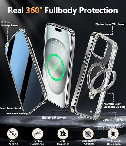 [360° Rotatable CD Stand & Built-in Privacy Screen Magnetic Case for iPhone 15 [Compatible with MagSafe & Full Signal] Mil-Grade Shockproof Full Body Anti-Spy Cover for 15-Gray