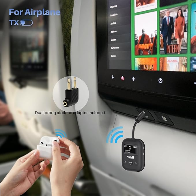1Mii SafeFly Min+ Bluetooth Transmitter and Receiver,Bluetooth Adapter for Airplane, Supports to 2 AirPods/Headphones,Use with Any 3.5mm Jack on Airplanes, Gym, TVs, Car, Home, Boat(White)