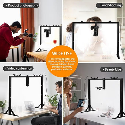 Overhead Camera Mount with Light LED 5600K Continuous -Top-Down Shooting Desk Mount Stand for Flat Lay Photography, Live Streaming - Universal Fit for DSLR, Mirrorless Cameras & Smartphones