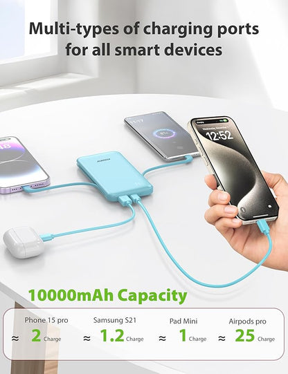 Alongza Portable Charger Built-in Cables and AC Wall Plug, Slim Fast Charging Power Bank 10000mAh, Lightweight USB C External Battery Pack Compact Travel Cell Phone Charger