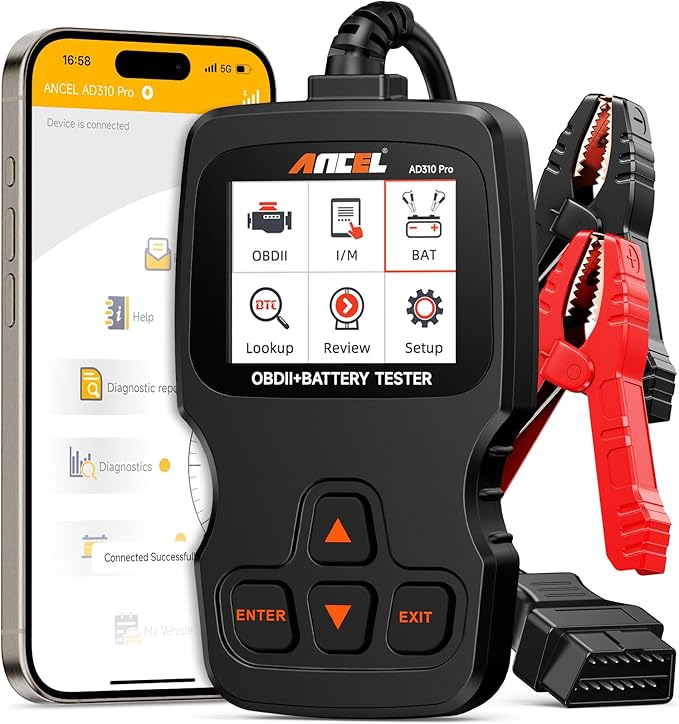 ANCEL AD310 Pro 2-in-1 OBD2 Scanner & Car Battery Tester, Diagnostic Tool with Bluetooth APP for iPhone & Android, Performance Test, Trip Analysis, Engine Health Self Check for All 1996+ Vehicles