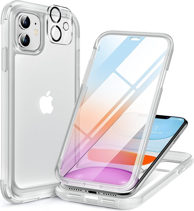 Miracase Glass Series for iPhone 11 Case 6.1 inch, Upgraded Full-Body Rugged Phone Bumper Case Cover with Built-in 9H Tempered Glass Screen Protector and Camera Protector, Matte Clear