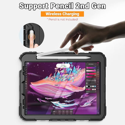 SEYMAC for iPad Air 5th/ 4th Generation Case 10.9 Inch, Full-Body Shockproof Protective Case with Screen Protector, Rotating Stand/Handle/Shoulder Strap/Pencil Holder for iPad Air 5/ Air 4, Black