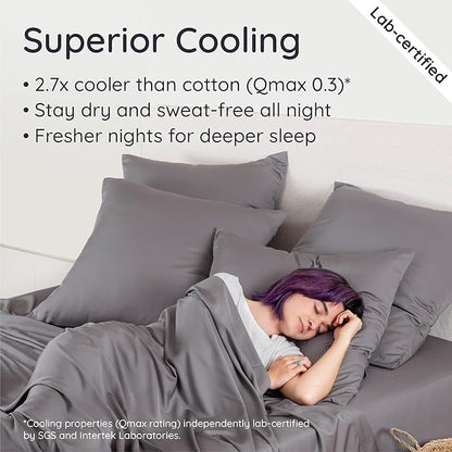 Bambaw 100% Viscose Derived from Bamboo Queen Sheet Set – 4pcs Soft Bedding Set, Deep Pocket Queen Cooling Sheets Fits Up to 16'' with Elastic Corner Straps (Dark Gray)