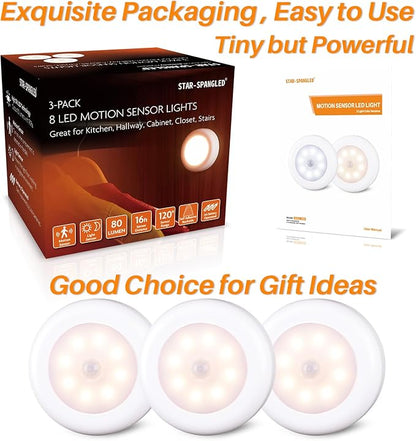 STAR-SPANGLED 3 Pack 3.1” Motion Sensor Lights Indoor AA Battery Operated, Stick on LED Puck Light for Closet, Stairs, Under Cabinet, Kitchen, Warm White