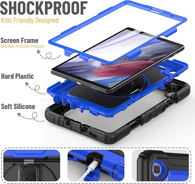 HXCASEAC Case for Samsung Galaxy Tab A7 Lite, Protective with Screen Protector/Hand Strap/Pen Holder, Sturdy A7 Lite Tablet Case, SM-T220 SM-T225 SM-T227, Blue