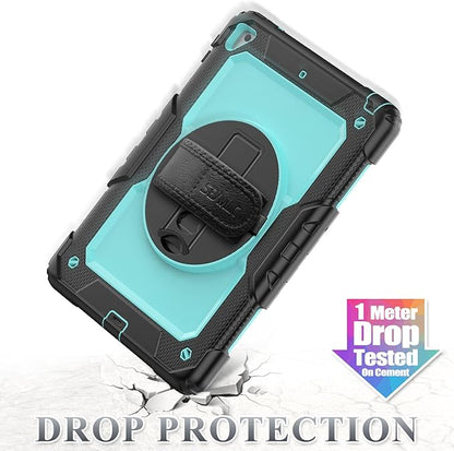 SEYMAC stock Case for iPad 6th / 5th Generation Case/Air 2 / Pro 9.7 inch, Heavy Duty Protective with Screen Protector, with Pencil Holder, Hand Strap, Shoulder Strap, 360 Rotate Stand, SkyBlue+Black