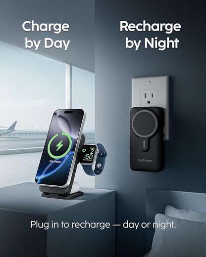 myCharge EcoHub 3 in 1 Apple Charging Station & Magsafe Battery Pack | Wireless Charger for iPhone, iWatch, AirPods | Magnetic Portable Charger with Wall Plug | Travel-Ready & Foldable