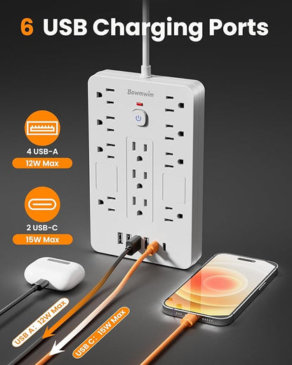 Bawmwim Surge Protector Power Strip - 11 Outlets(1850W/15A) with 6 USB Ports(2 USB C), 10FT Flat Plug Extension Cord, Wall Mount, White, ETL Listed for Home, Dorm Room