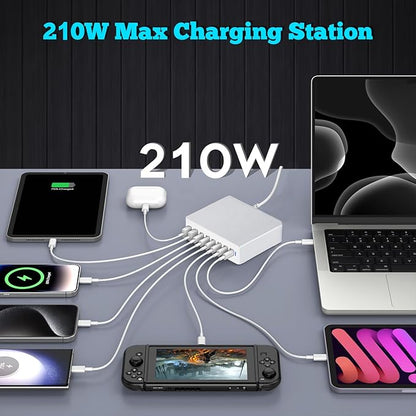 USB C Charger Block 200W, GaN 8-Port USB-C PD Fast Charging Station Desktop Hub, PD65W Laptop Charge Adapter Compatible with MacBook Pro/Air/DELL/Steam Deck/iPhone 16/15/Galaxy S22/S23